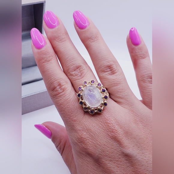 Genuine Moonstone & Purple Amethyst Sterling Silver / 18k Yellow Gold Halo Ring - Picture 4 of 6